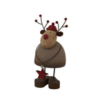 Angled view of the reindeer decoration showing its rounded brown body, slender dark legs and red star hanging in front of the feet.