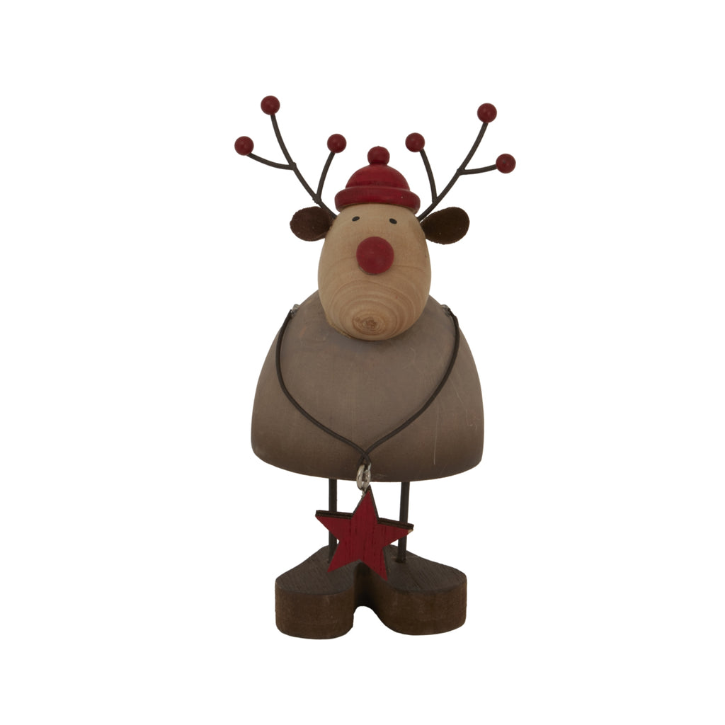 Front view of the brown reindeer decoration with branched dark antlers, red cap and nose, a hanging red star and chunky block feet.