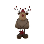 Front view of the brown reindeer decoration with branched dark antlers, red cap and nose, a hanging red star and chunky block feet.