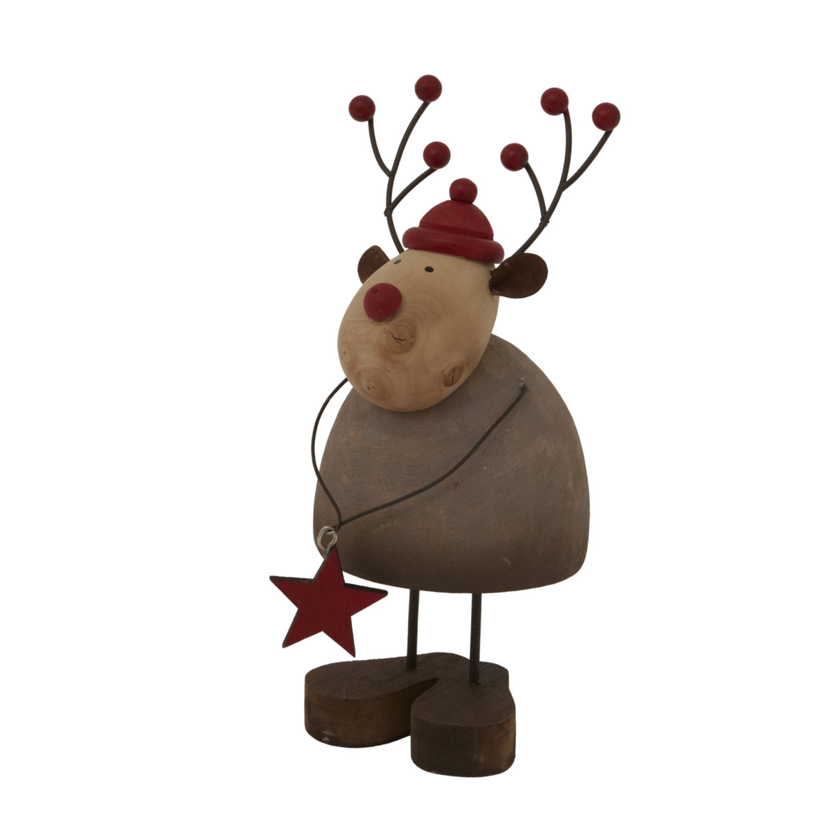 Angled view of the reindeer decoration showing its rounded body, slender dark legs, block feet and red star hanging across the front.