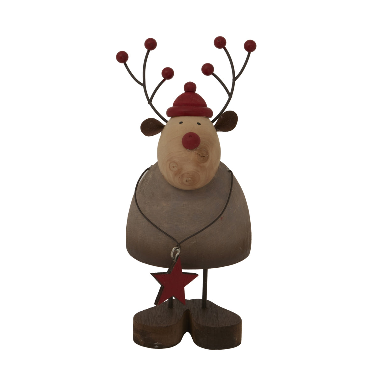 Front view of a rustic reindeer decoration with branched dark antlers, a red cap and nose, rounded brown body and hanging red star.