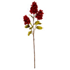 Full view of an artificial spray with three red flower clusters, olive-green leaves and a long brown stem against white.
