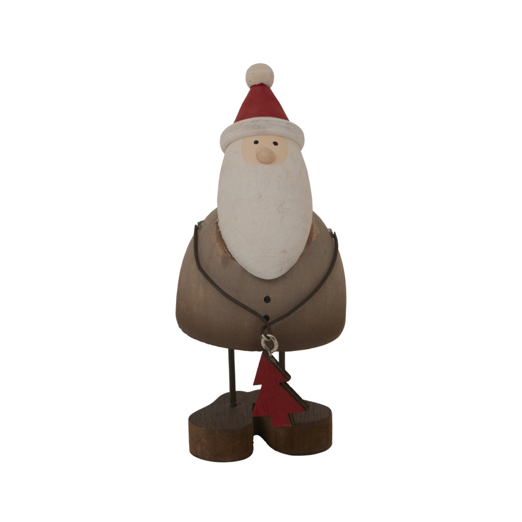 Front view of a rustic Santa figure with a red hat, long white beard, rounded brown body and red tree charm hanging between dark legs.