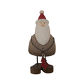 Front view of a rustic Santa figure with a red hat, long white beard, rounded brown body and red tree charm hanging between dark legs.