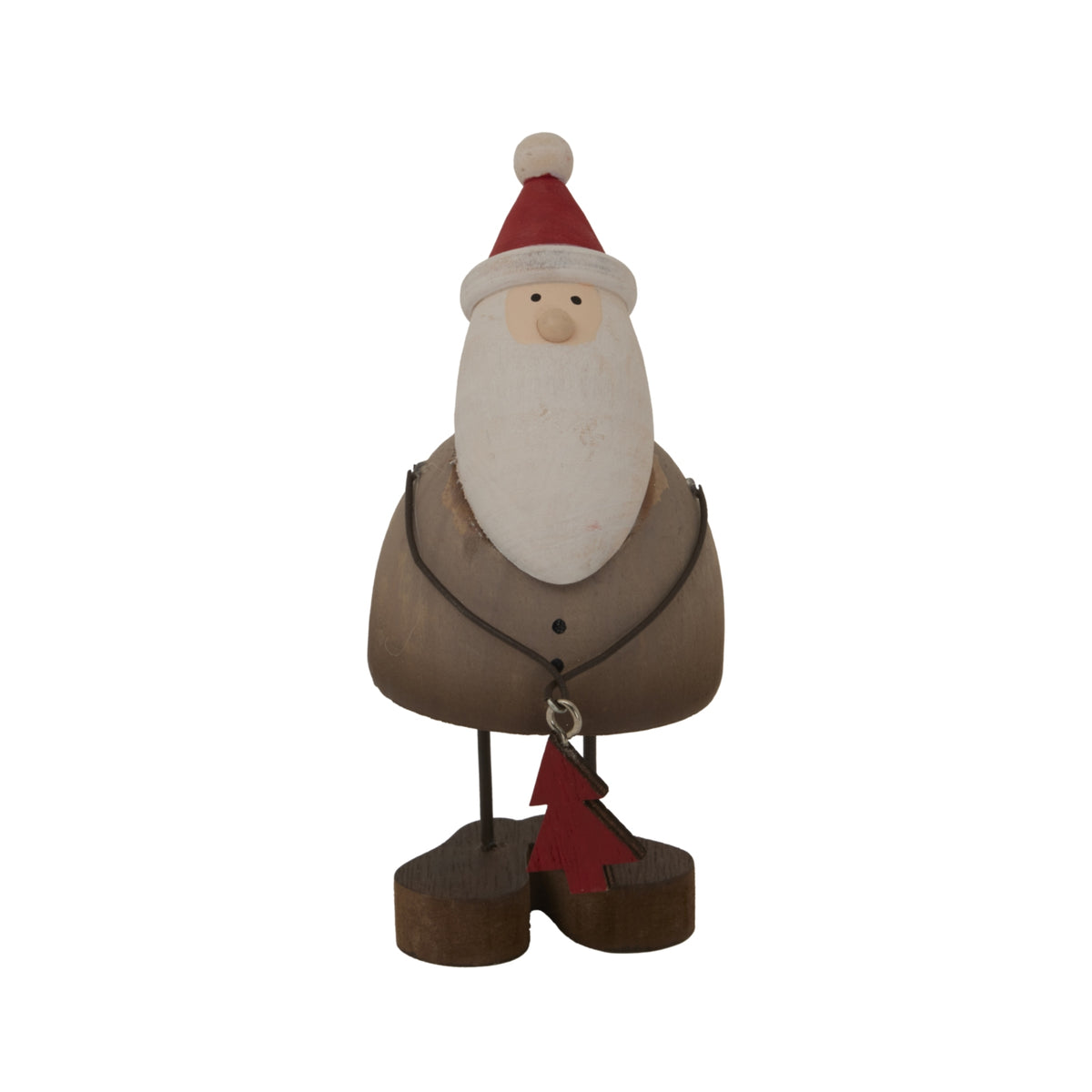 Front view of a rustic Santa figure with a red hat, long white beard, rounded brown body and red tree charm hanging between dark legs.