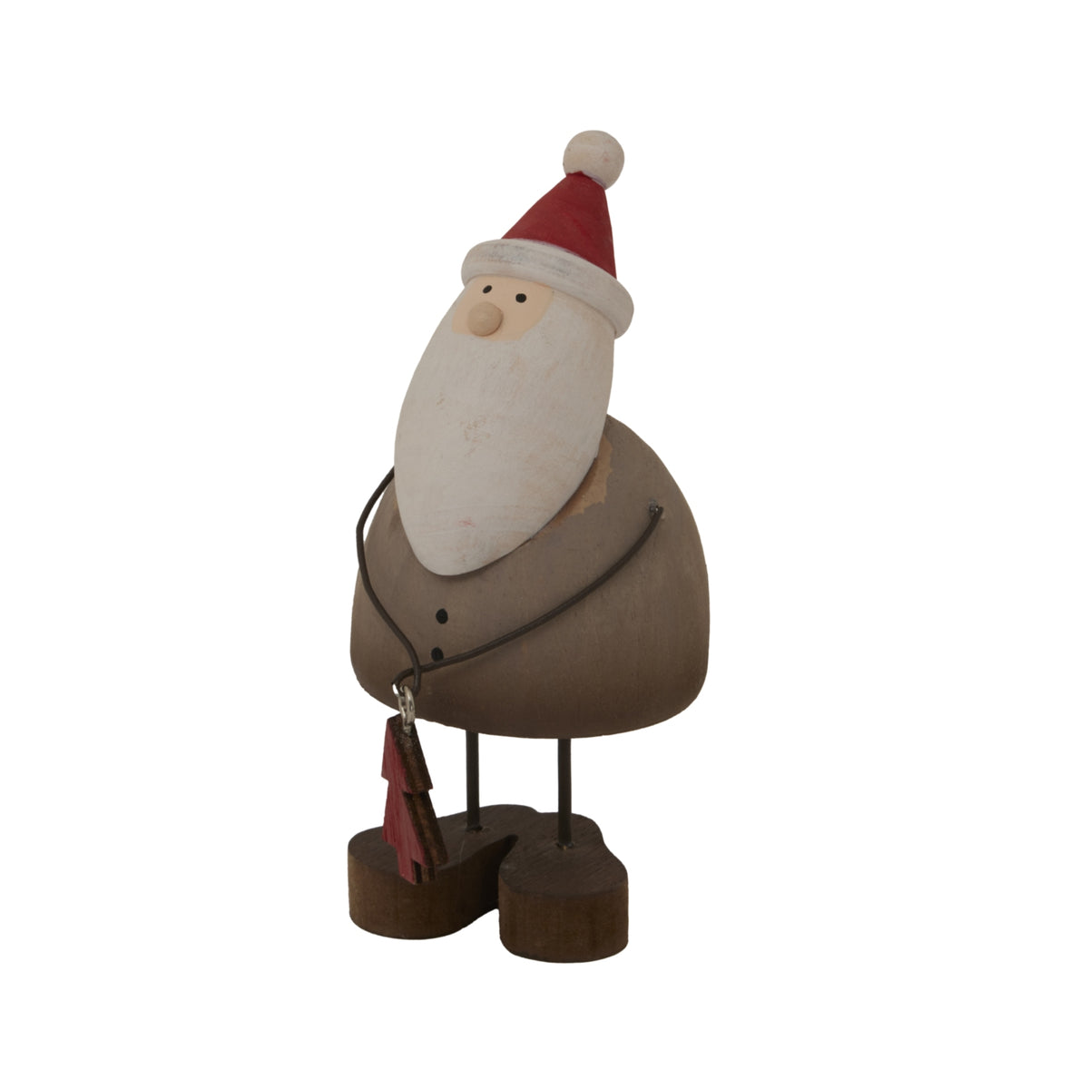 Angled view of the Santa decoration showing its projecting round nose, curved dark arms, hanging red tree charm and chunky brown feet.