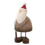 Santa decoration viewed at an angle, with a pointed red hat, broad white beard, rounded brown body and red tree charm beside dark block feet.