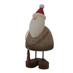 Full Santa figure against a white background, showing curved dark arms across the brown body, slender legs and a red tree charm hanging on the left.