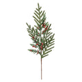 Full view of the artificial botanical spray on white, with a long brown lower stem, branching green foliage, red berry clusters and white frosting.