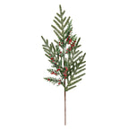 Full view of the artificial botanical spray on white, with a long brown lower stem, branching green foliage, red berry clusters and white frosting.