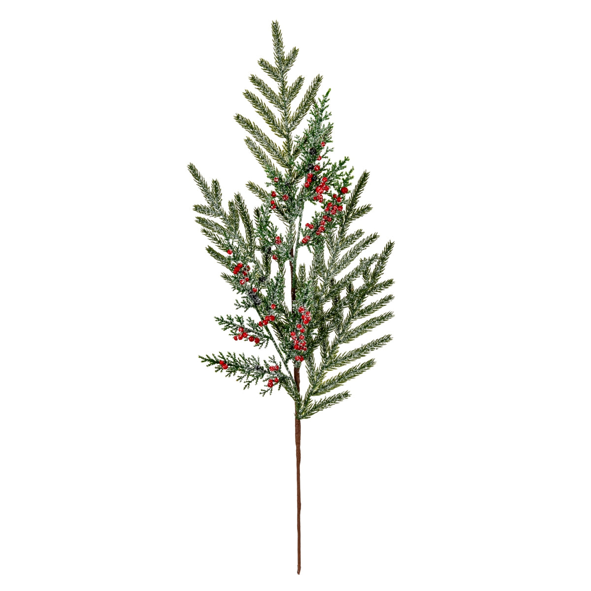 Full view of the artificial botanical spray on white, with a long brown lower stem, branching green foliage, red berry clusters and white frosting.