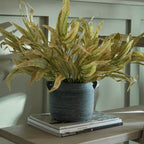 Styled foliage arrangement in a dark textured handled vase on stacked magazines and a wooden surface, against a pale green panelled wall.