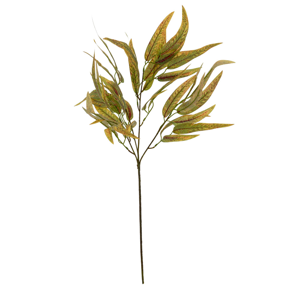 Full view of the artificial foliage spray with a long brown lower stem and branching pointed green leaves with red-brown veining against white.
