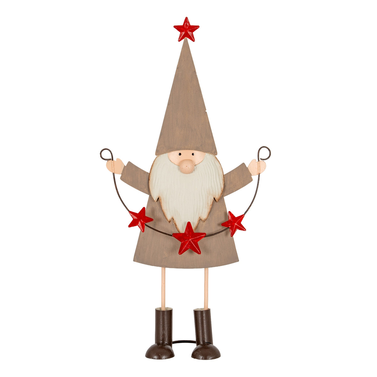 Full view of the grey-brown elf decoration with a red star on its tall pointed hat, cream-white beard, raised arms holding a red star garland and dark boots.