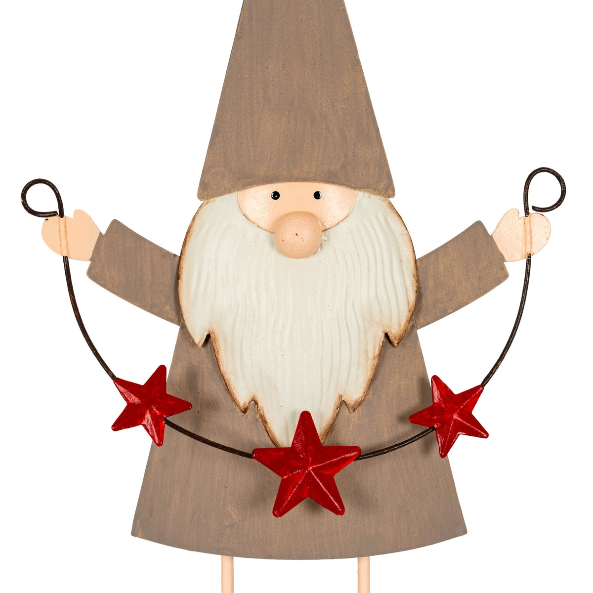 Close-up of the elf's peach-coloured face and round nose, lined cream-white beard and three red stars across the curved garland held in its raised hands.