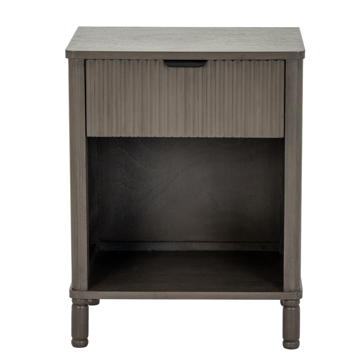 Front view of the bedside cabinet with a single reeded drawer above an empty open cubby.