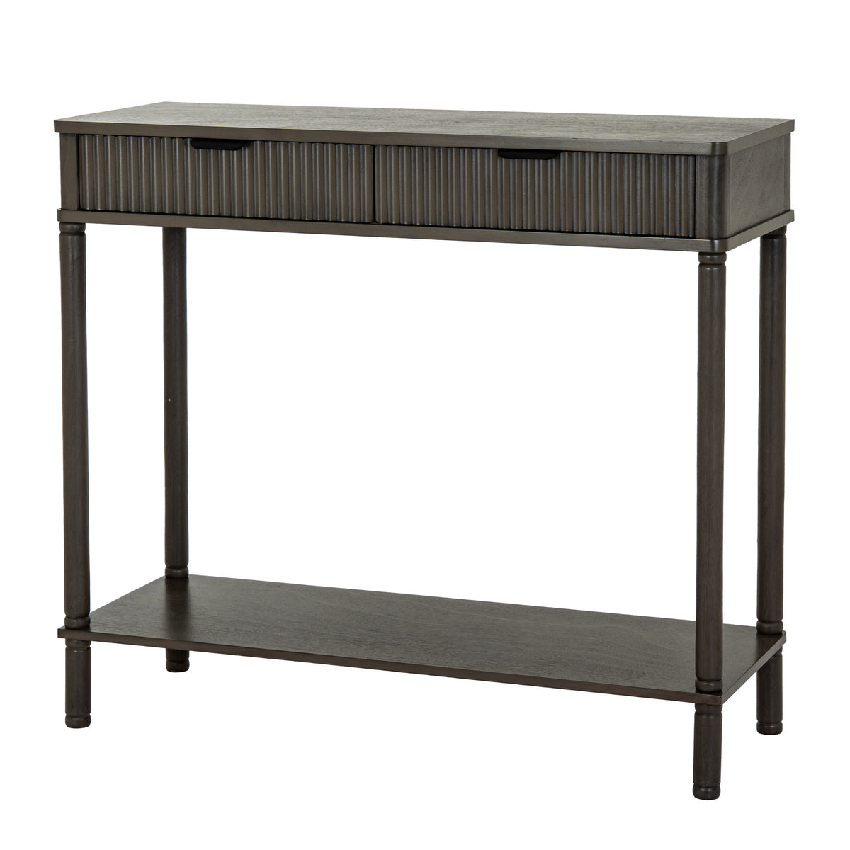 Angled view of a dark grey-brown console table with two reeded drawer fronts, dark cup pulls, four turned-profile legs and a lower shelf on a white background.