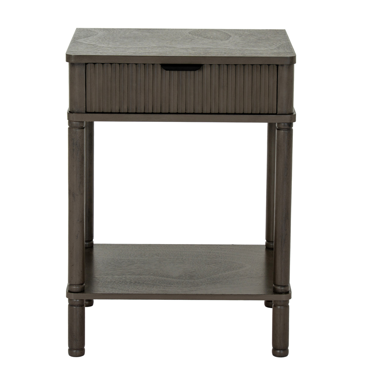 Front view of the Reed & Cup Side Table with a centred dark cup pull, vertical reeding and four turned-profile legs around an open shelf.