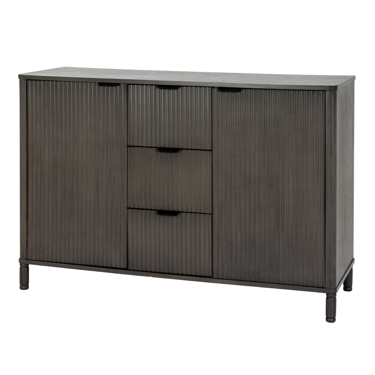 Reed & Cup Sideboard against white, showing two reeded doors, three central drawers, dark cup-shaped pulls and short turned-profile feet.