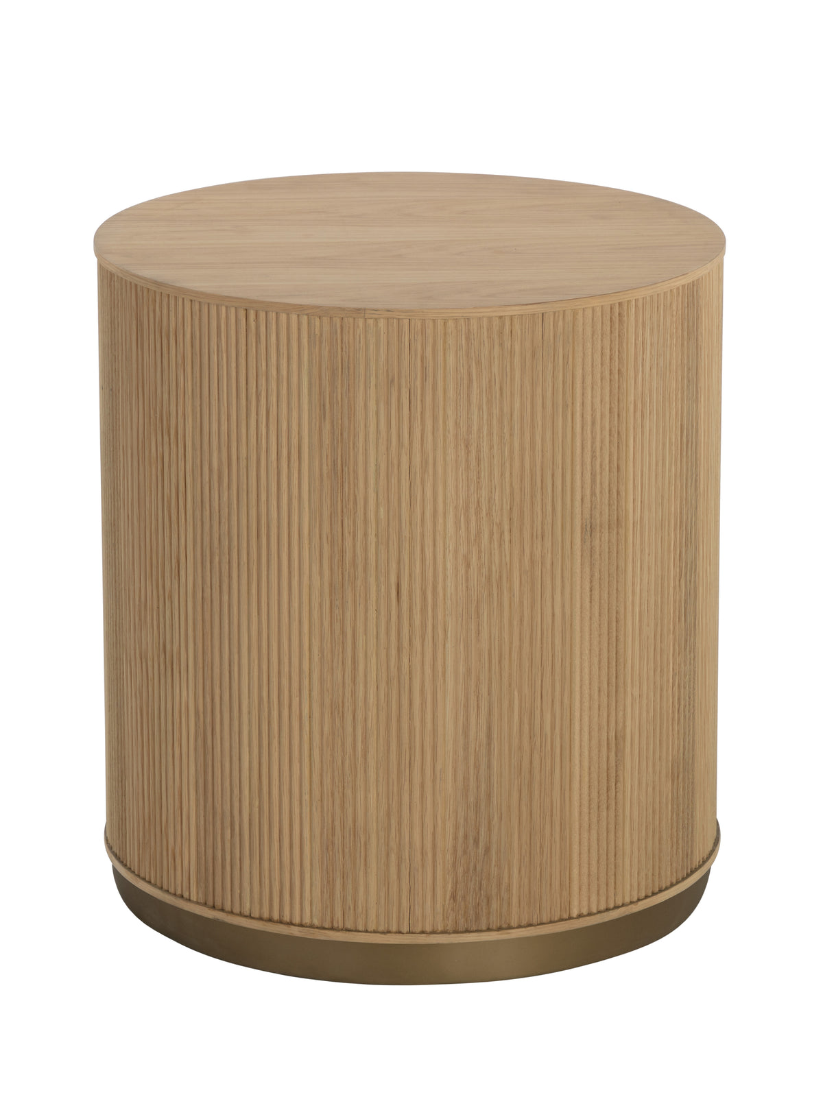 Reeded oak column side table on a white background, viewed slightly from above to show its round wood-grain top, vertically grooved body and gold base.