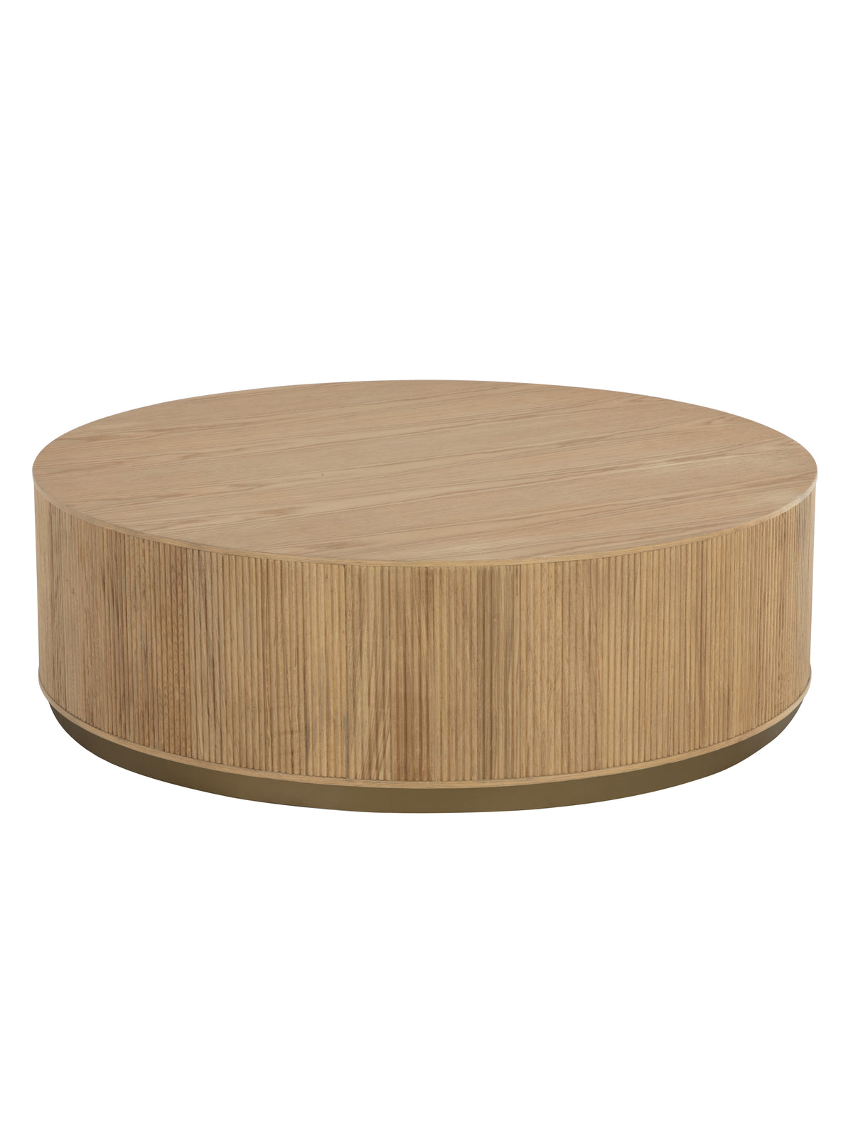 Round pale oak coffee table viewed from above at an angle, showing the wood-grain top, vertically reeded drum sides and narrow gold-coloured base against white.