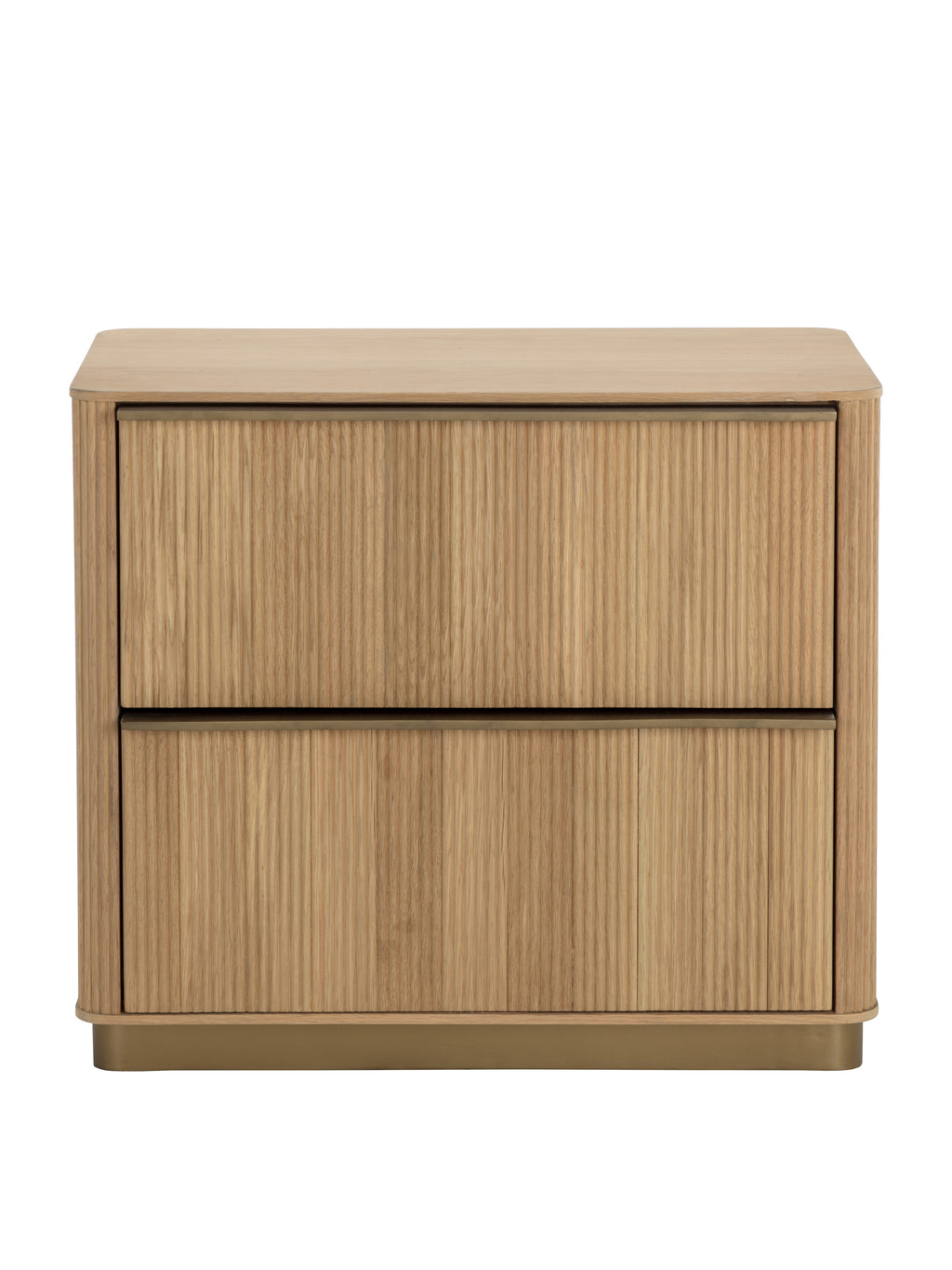 Front view of an oak nightstand with two vertically reeded drawers, slim metal pulls and a gold-toned base.