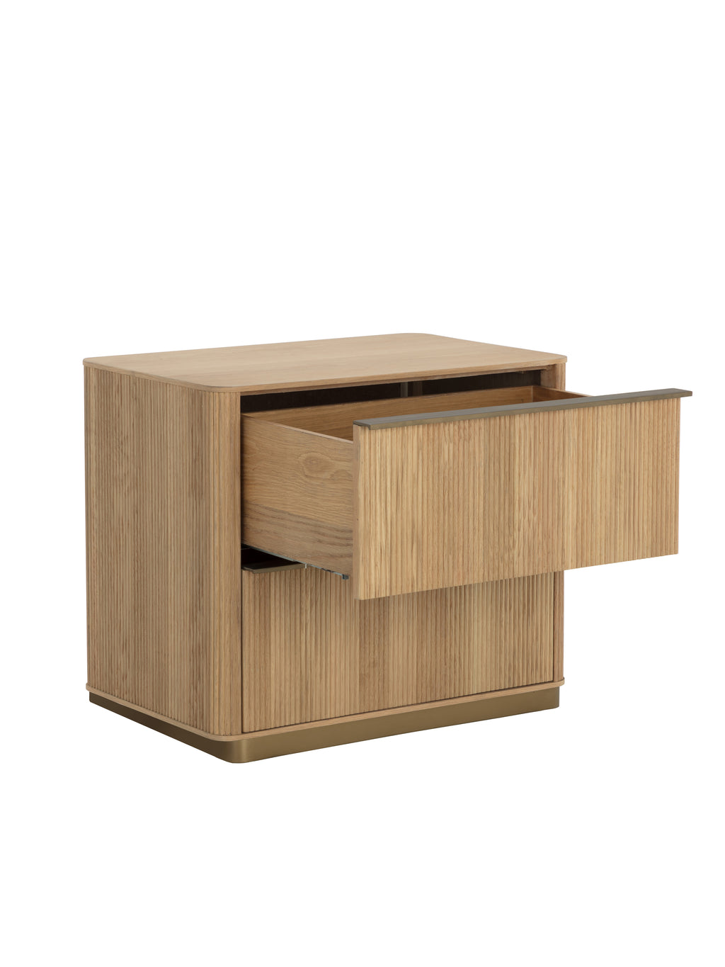 Angled view of the nightstand with the upper drawer open, showing its wooden interior and textured side panel.