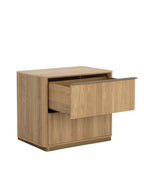 Angled view of the nightstand with the upper drawer open, showing its wooden interior and textured side panel.
