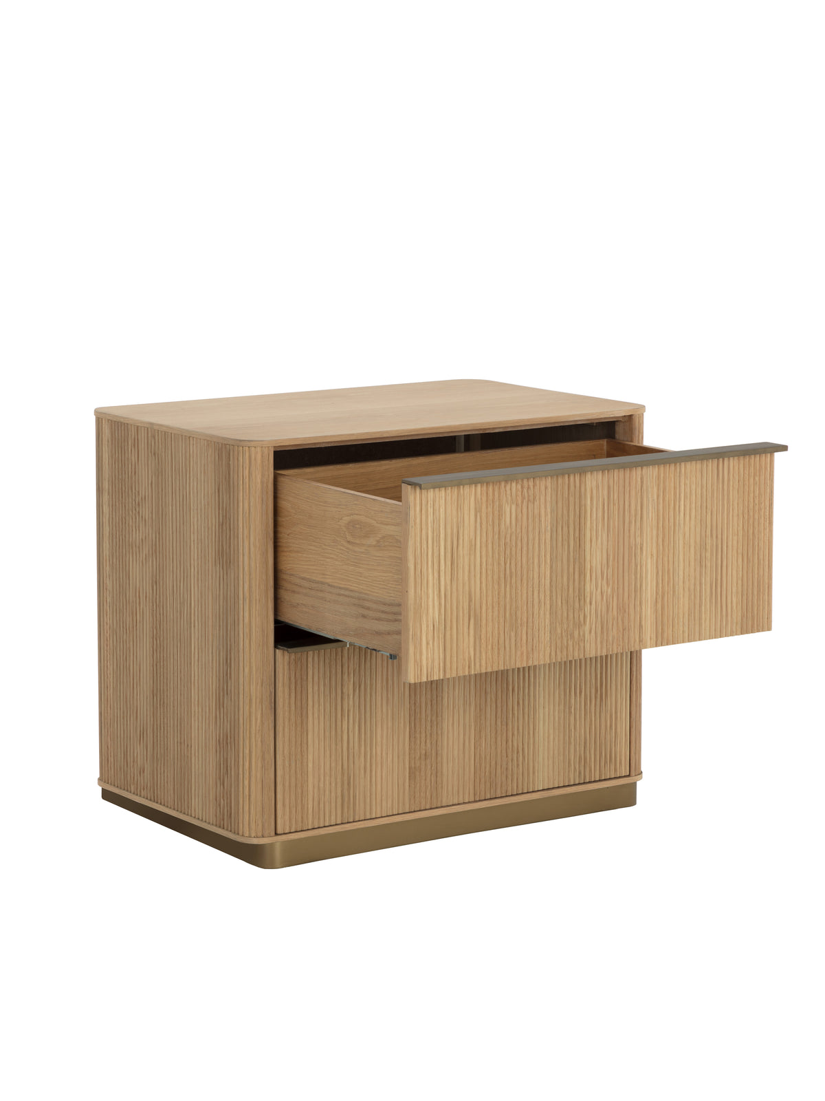 Angled view of the nightstand with the upper drawer open, showing its wooden interior and textured side panel.