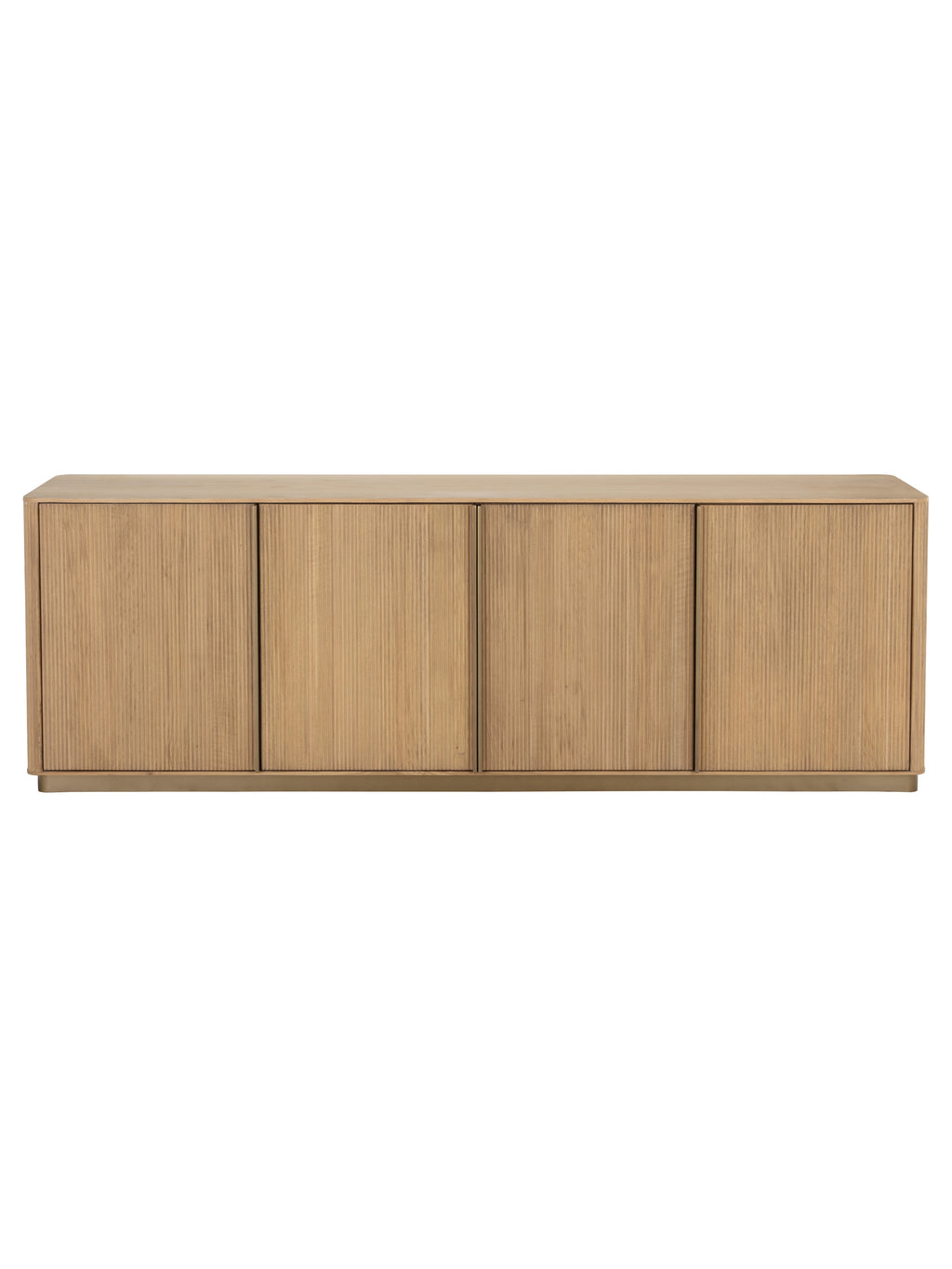 Front view of the Reedline Sideboard with four vertically reeded oak doors and a slim gold-coloured base.