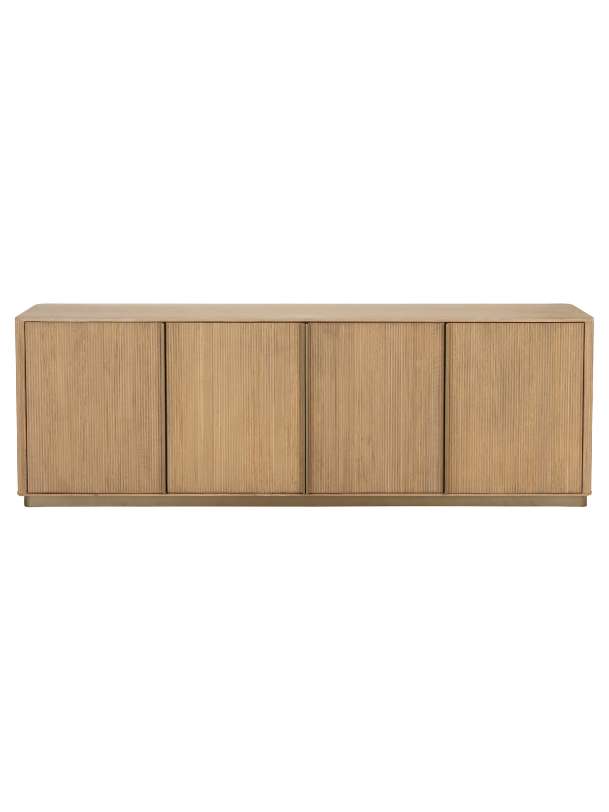 Front view of the Reedline Sideboard with four vertically reeded oak doors and a slim gold-coloured base.