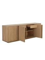 Angled view of the oak sideboard with doors open, showing interior shelves and a drawer pulled out.