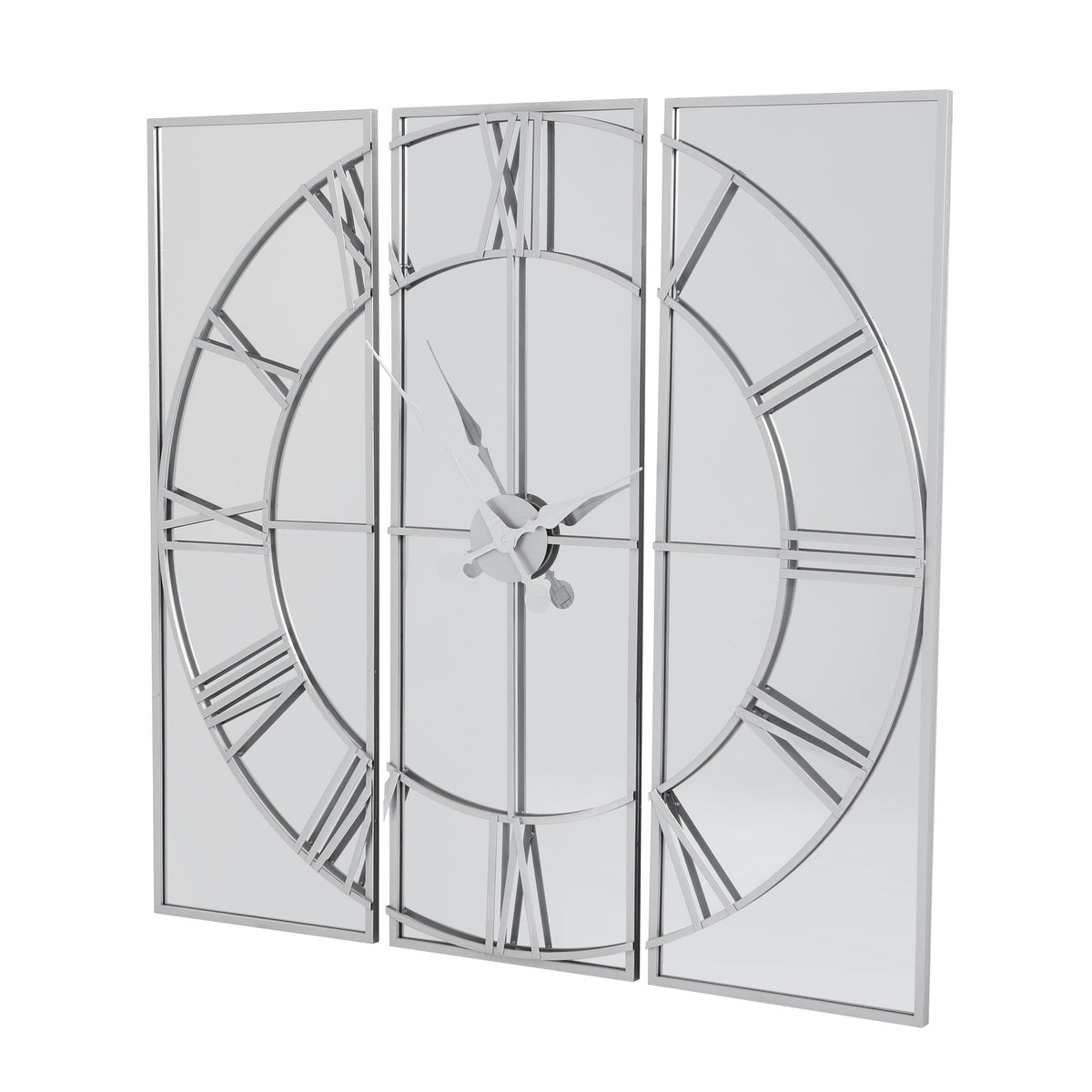 Angled view of the Reflected Dial Wall Clock, with a silver-toned Roman-numeral dial spanning three tall mirrored panels.