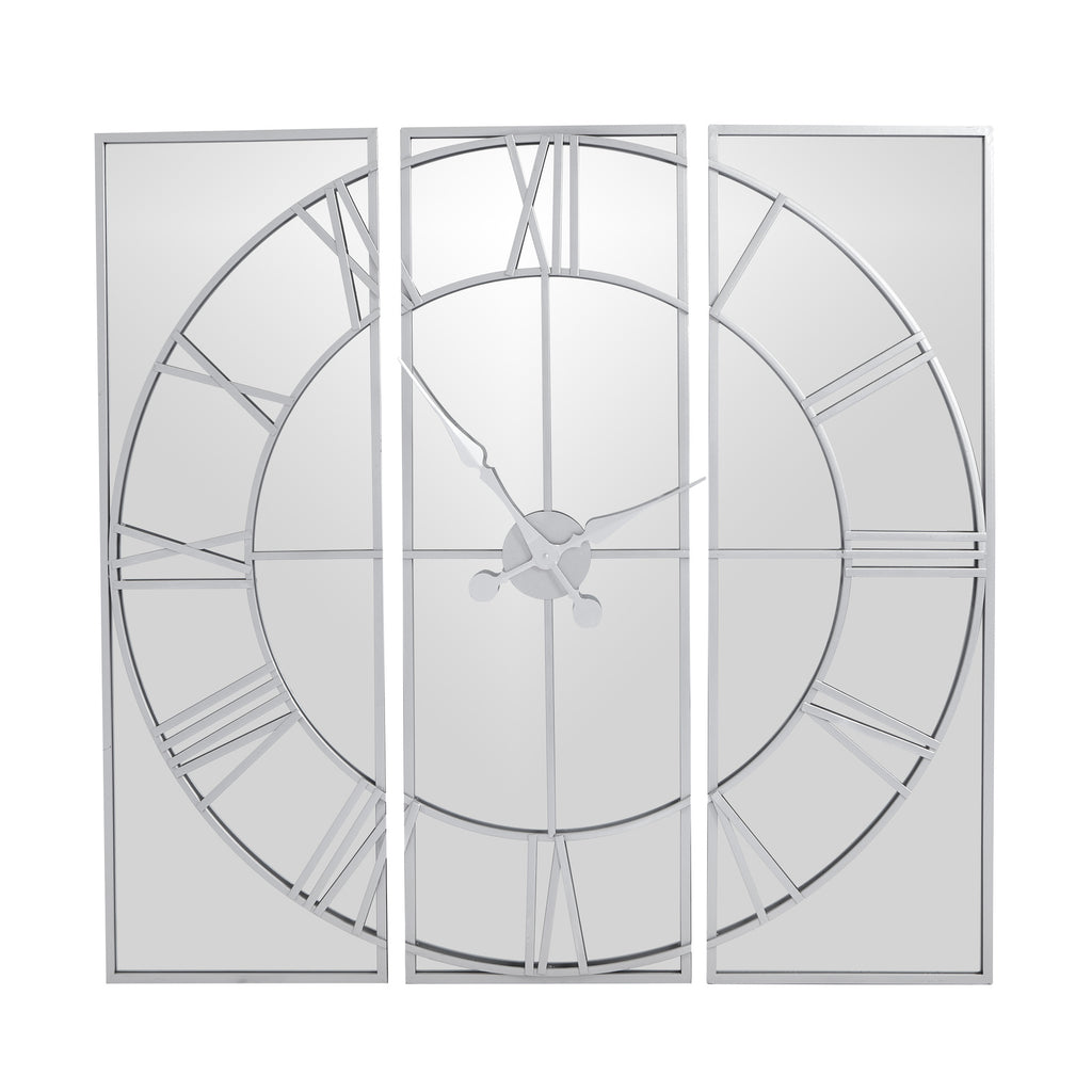 Front view of the mirrored wall clock showing its open circular dial, separated rectangular panels and ornate central hands.