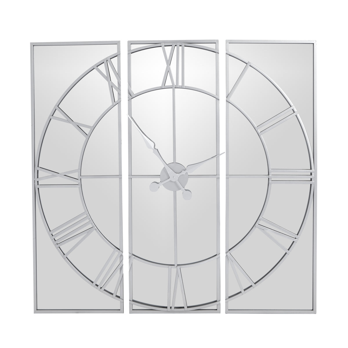 Front view of the mirrored wall clock showing its open circular dial, separated rectangular panels and ornate central hands.