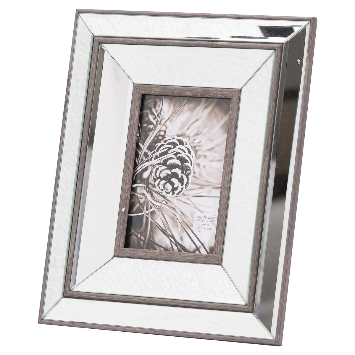 Angled view of a portrait photo frame with stepped reflective panels, dark brown edging and a pine-cone picture insert against a white background.