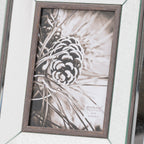 Close-up of the frame's brown grain-effect inner border and bright reflective panels around a black-and-white pine cone picture.