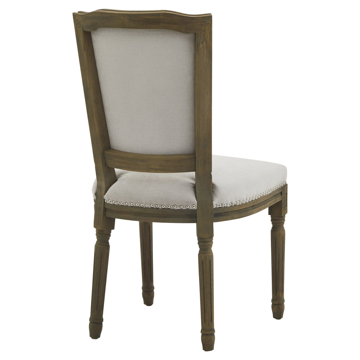 Rear three-quarter view of the chair with a pale grey back panel inside a brown frame and a line of bright studs around the seat edge.