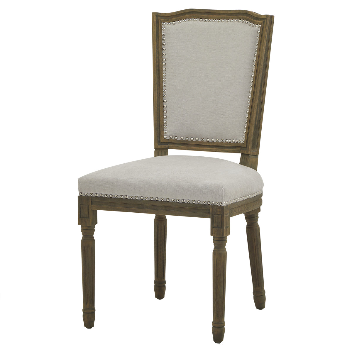 Front three-quarter view of the dining chair, showing pale grey seat and back panels, bright stud edging and a brown frame with turned-profile legs.