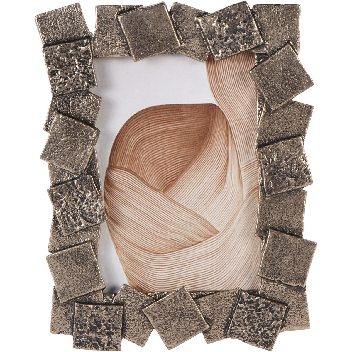 Front view of the photo frame showing its irregular square border around a beige abstract insert.