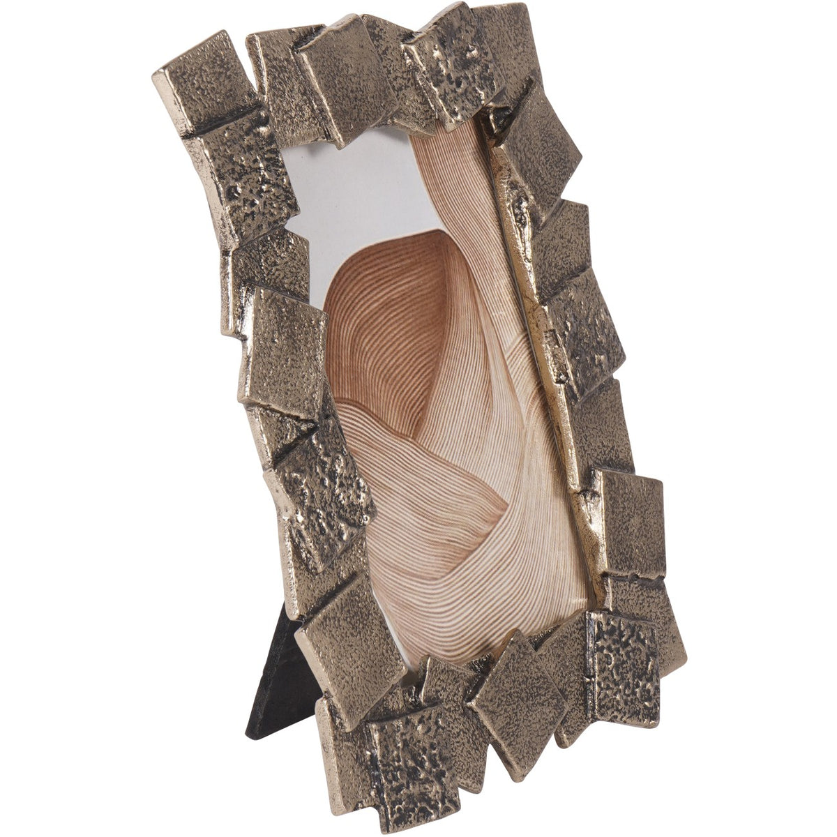 Angled view of the antique gold photo frame with overlapping textured squares and a black easel support.