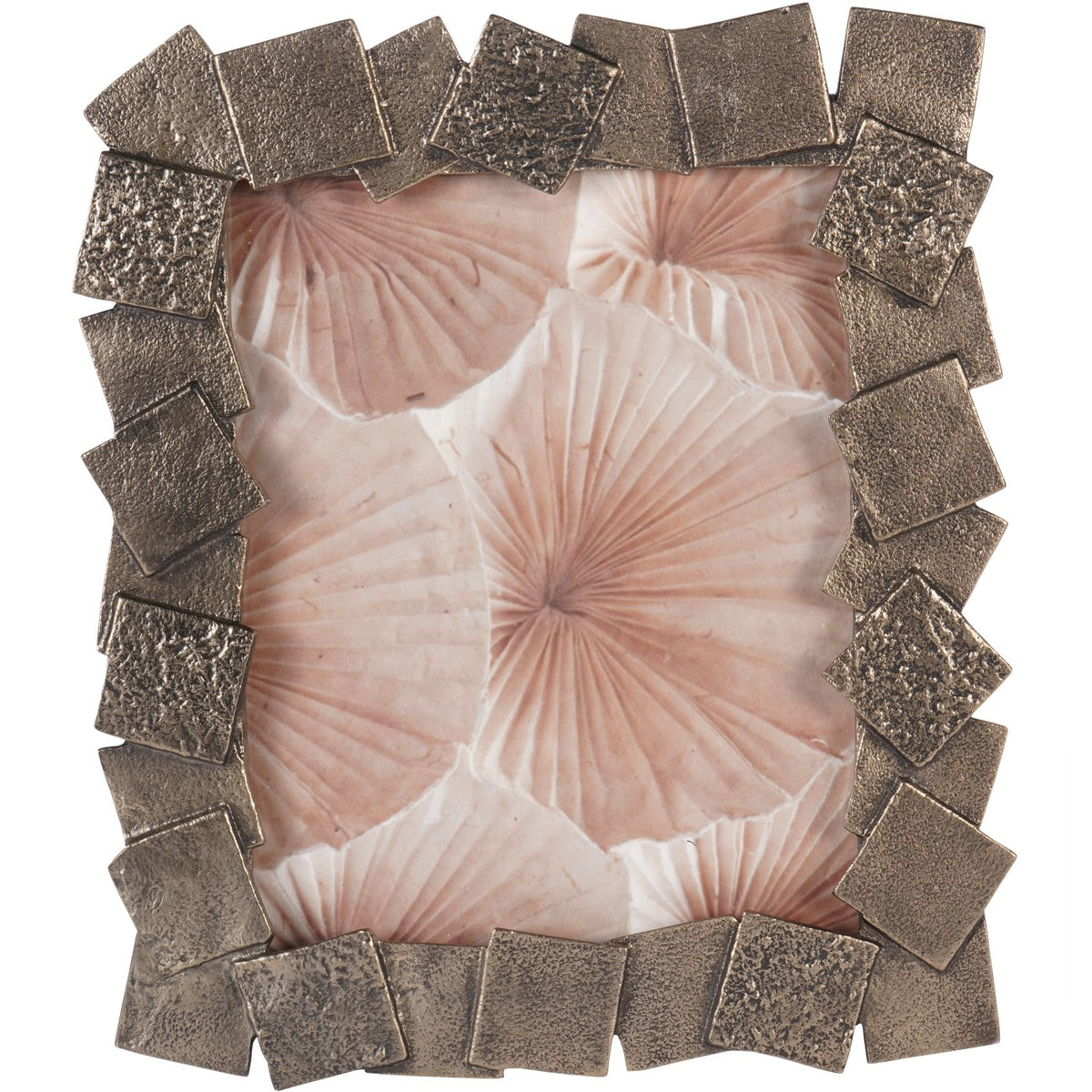 Front view of the photo frame showing its irregular border of textured gold squares around a pink botanical insert.