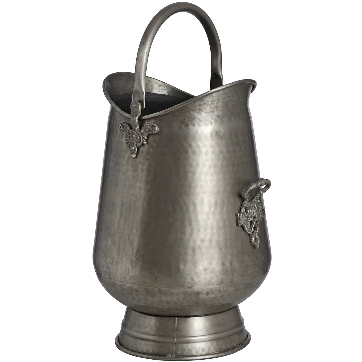Dark grey coal bucket viewed at an angle, showing its arched handle, flared rim, two visible ornate plates and stepped circular foot.