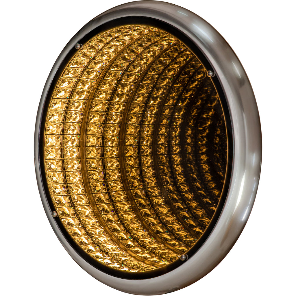 Angled view of a circular mirror illuminated with golden rows that appear to recede towards the centre.