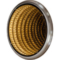 Angled view of a circular mirror illuminated with golden rows that appear to recede towards the centre.