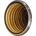 Angled view of a circular mirror illuminated with golden rows that appear to recede towards the centre.