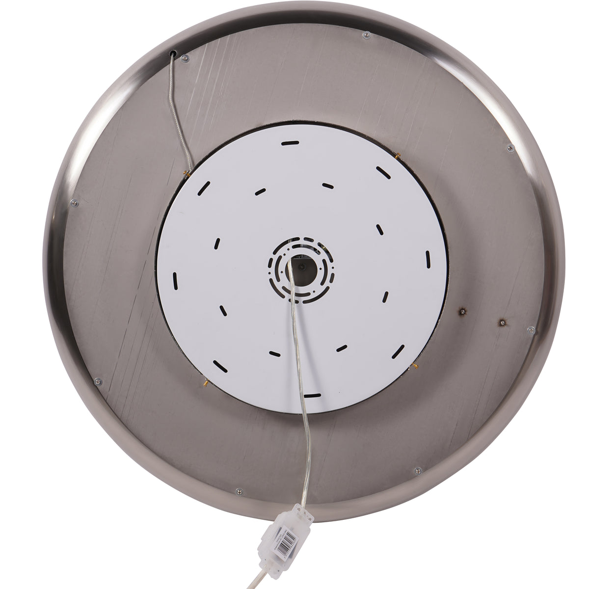Rear view of the circular mirror, showing a central round panel with narrow slots inside the outer surround.