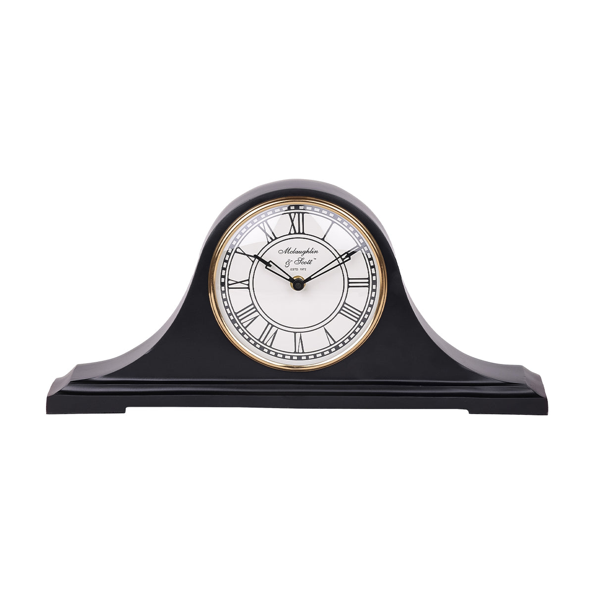 Front view of the black Retrograde Table Clock with curved shoulders, a white Roman numeral dial and gold-coloured surround.