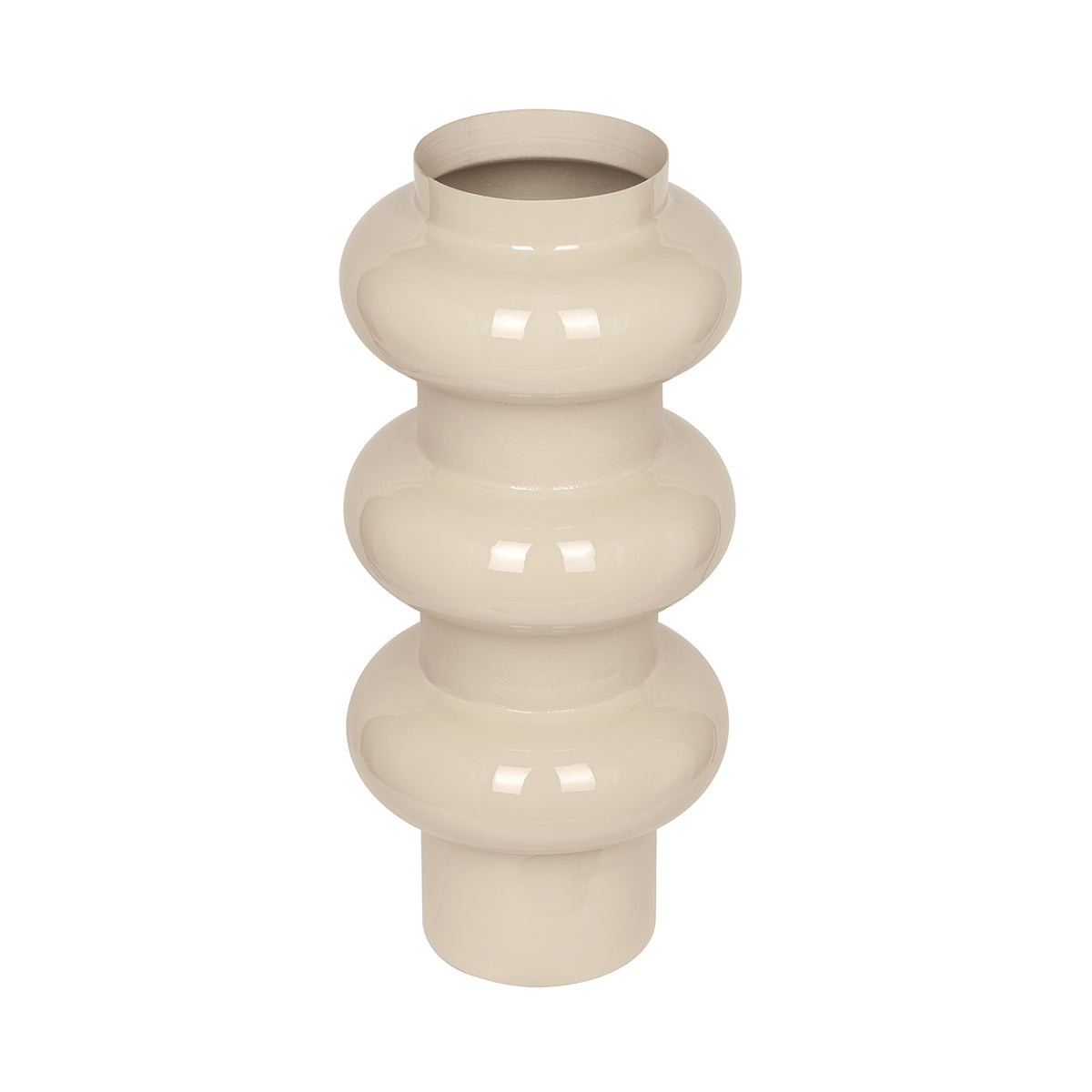 Elevated view of the cream vase showing its circular opening and three glossy rounded bands.