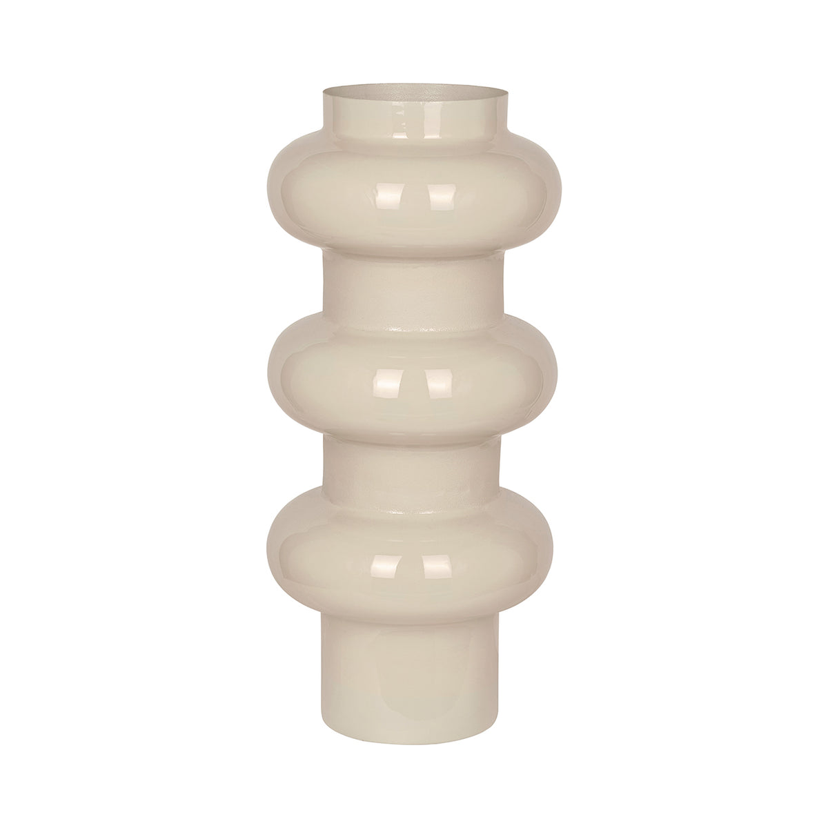 Front view of the tall cream Rhythm Vase with three rounded bands, narrow connecting sections and a cylindrical base.